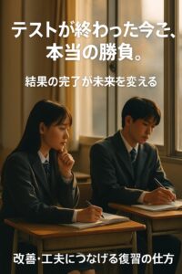 中間テスト終了後の教室で復習に向き合う四日市高校の男女生徒の後ろ姿とメッセージ入り画像