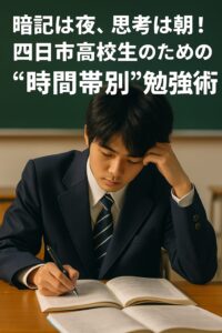 四日市高校の男子生徒が、夜の静かな教室で暗記学習に集中している様子。「暗記は夜、思考は朝」の勉強法を体現。