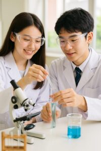 理科実験を行う四日市高校の男女生徒（イメージ）
