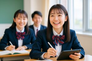 四日市高校の生徒が明るい教室でタブレットを使って授業を受けている様子