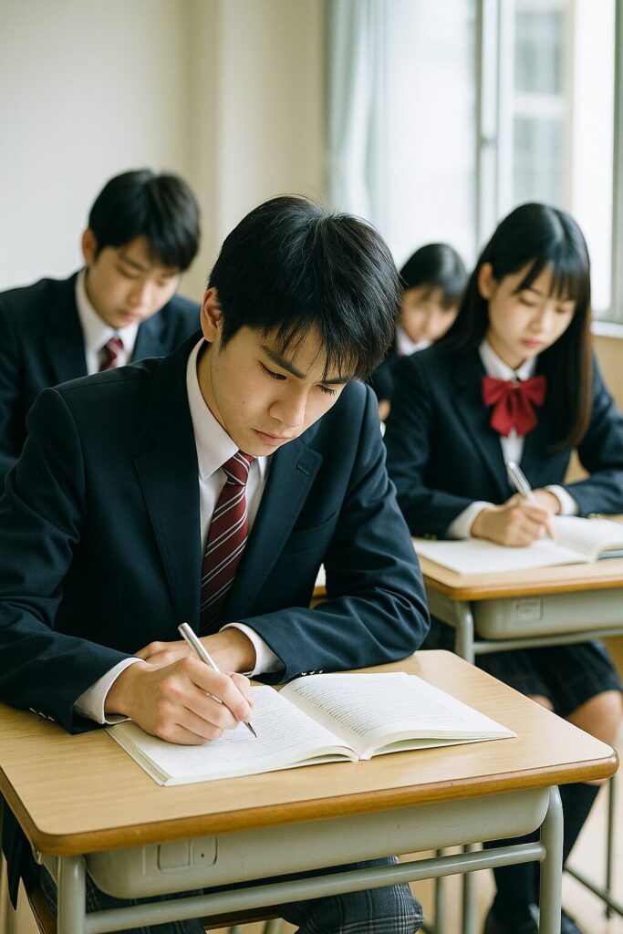四日市高校の制服を着た生徒たちが教室で集中して勉強している様子