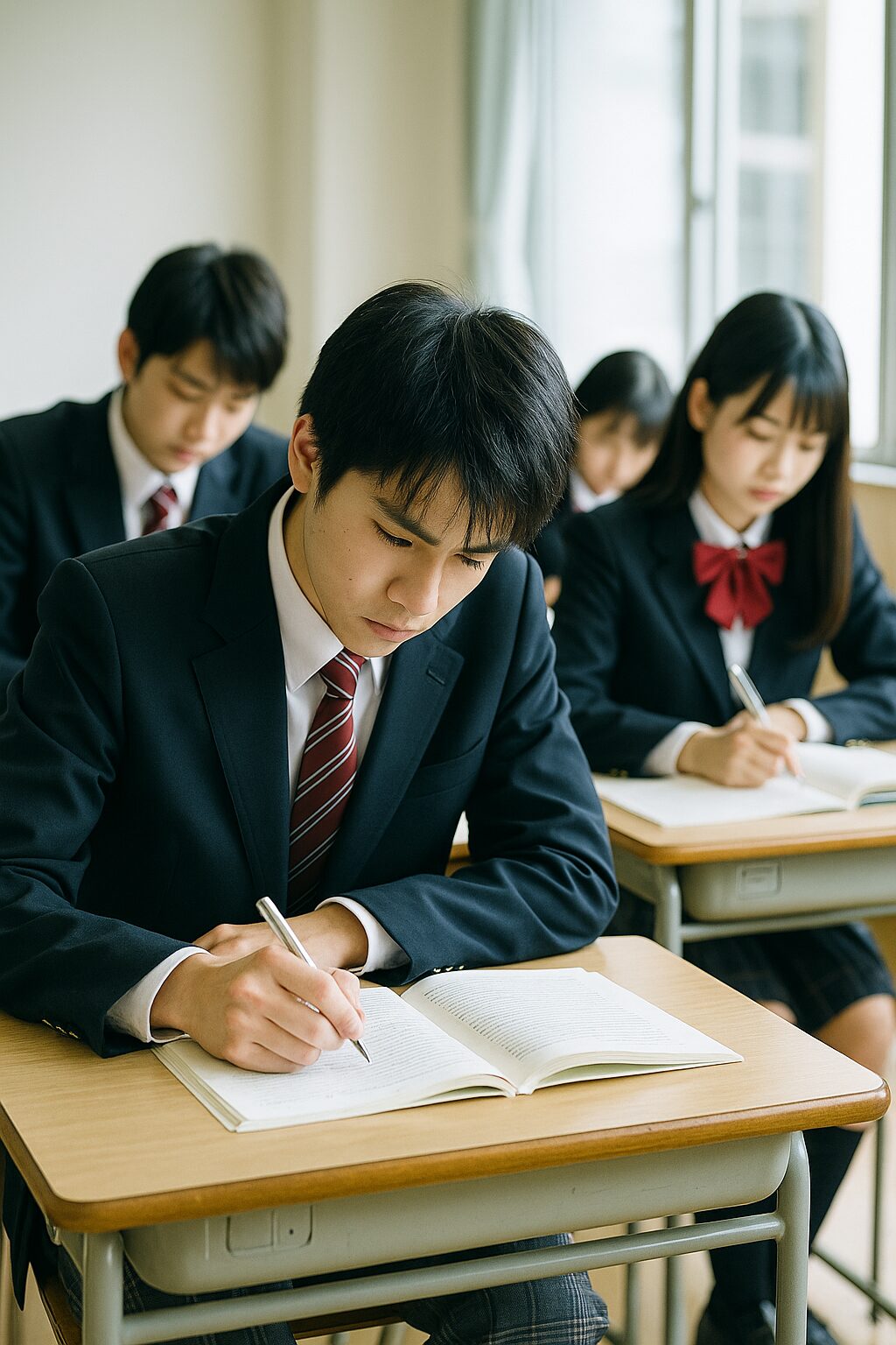 四日市高校の制服を着た生徒たちが教室で集中して勉強している様子