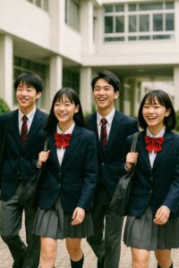四日市高校の制服を着た生徒たちが笑顔で登校している様子
