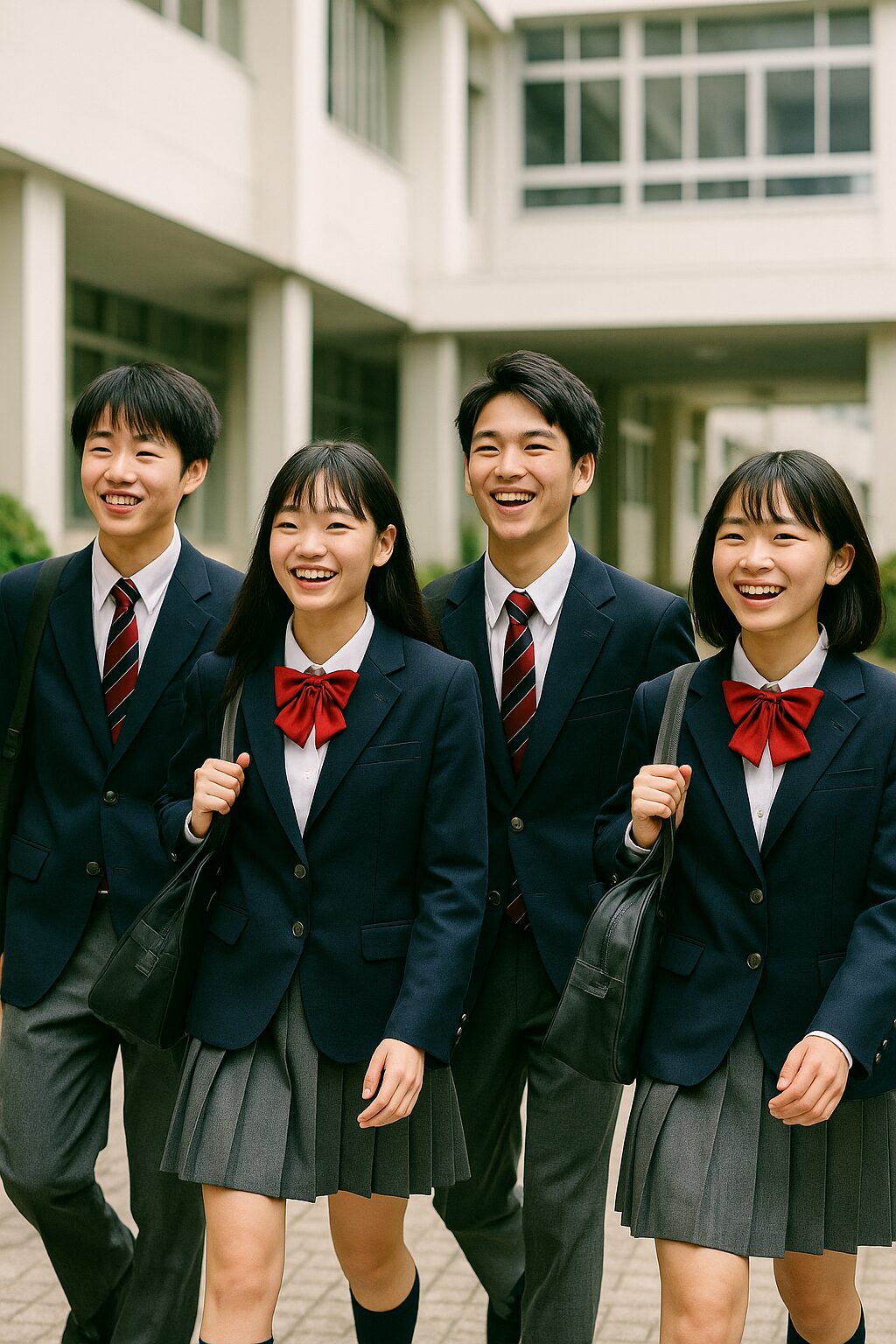 四日市高校の制服を着た生徒たちが笑顔で登校している様子