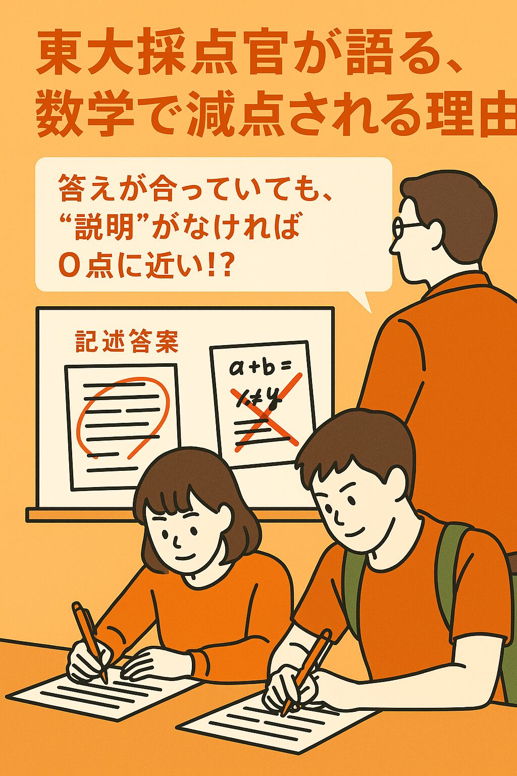 男女の高校生が机に向かって集中して記述問題に取り組む様子（イラスト風）