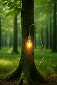 森林の中で木の幹に吊るされた電球が光っている様子。再生可能エネルギーと自然とのつながりを象徴する風景。
