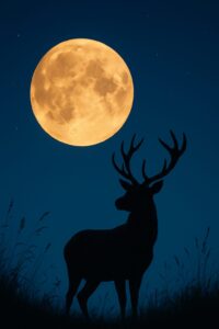満月を背景に、草原に立つ雄ジカのシルエットが浮かび上がる夏の夜空