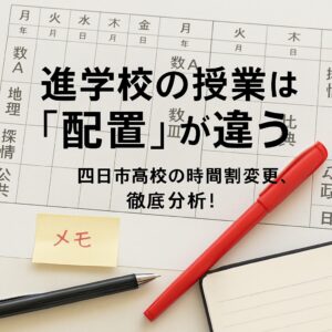 進学校・四日市高校の時間割表と赤ペン、メモが映る分析イメージ画像