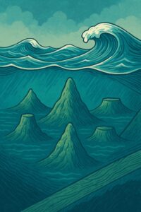 海中に連なる火山の山々と、その上を通るうねる津波を描いたイラスト