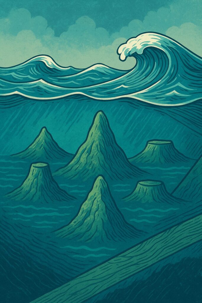海中に連なる火山の山々と、その上を通るうねる津波を描いたイラスト