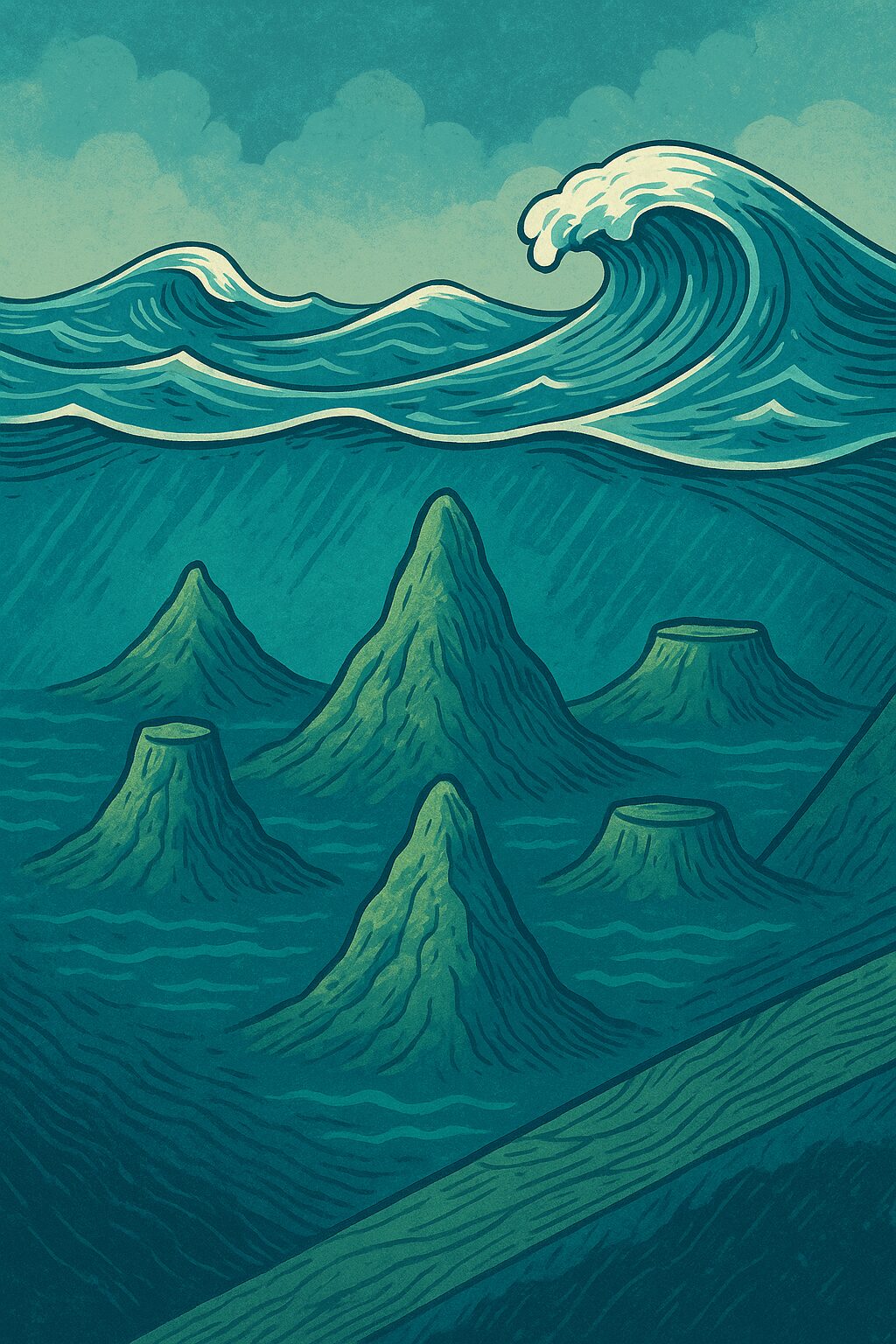 海中に連なる火山の山々と、その上を通るうねる津波を描いたイラスト