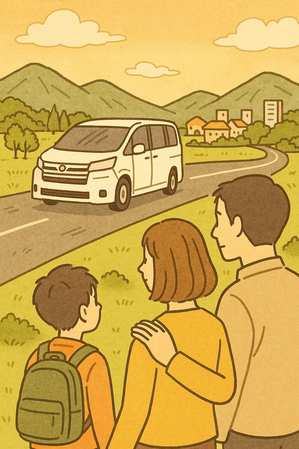 田舎道を走る白いミニバンを見つめる家族のイラスト。背景に山と町並みが描かれている。