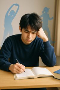受験勉強に集中する男子高校生と、背景に浮かぶ運動中の人物のシルエット