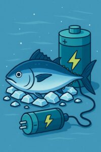 冷凍マグロと電池がつながった、エネルギー貯蔵を表現するイラスト