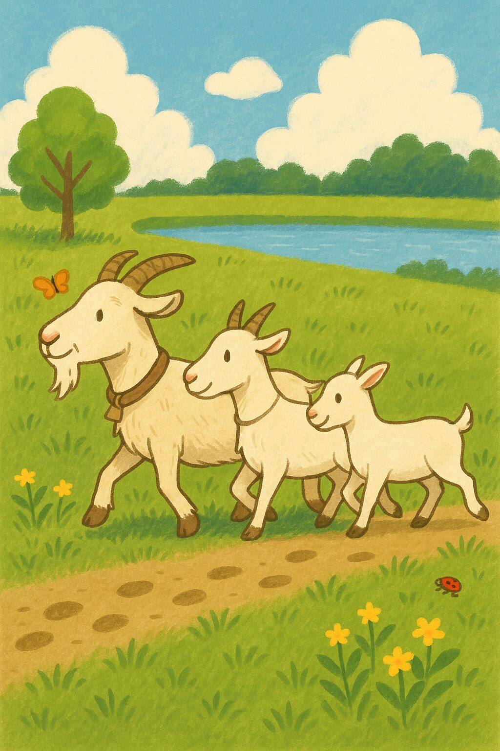 草原を行進する3匹のヤギたち。除草隊として活動する様子を描いたイラスト。