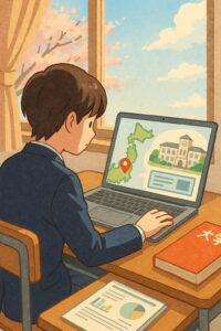春の教室でノートパソコンを使って志望校を調べる高校生のイラスト