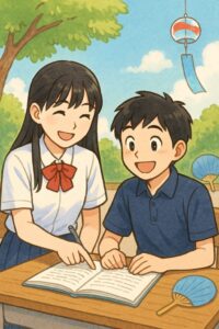高校生が中学生に夏休みの勉強を教えている様子（屋外の机で笑顔で向き合っている）