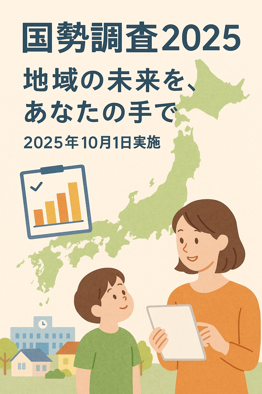 国勢調査2025をテーマにした日本地図と親子のイラスト。統計グラフや学校の風景が描かれている。