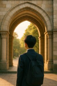 大学の石造りの門を見上げる日本の高校生の後ろ姿