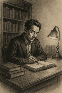 書斎で読書と執筆に集中する文士風の男性を描いたインク調のイラスト