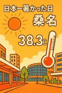 日本一暑かった日の桑名市を描いたイラスト。気温38.3℃、オレンジの空と温度計が印象的。