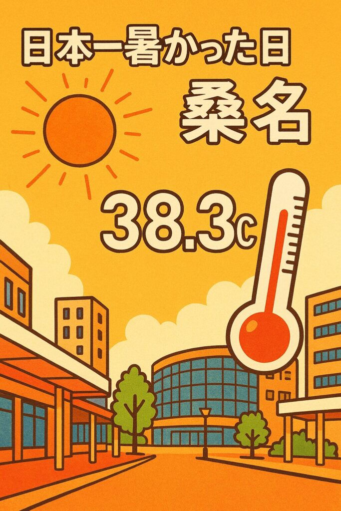 日本一暑かった日の桑名市を描いたイラスト。気温38.3℃、オレンジの空と温度計が印象的。