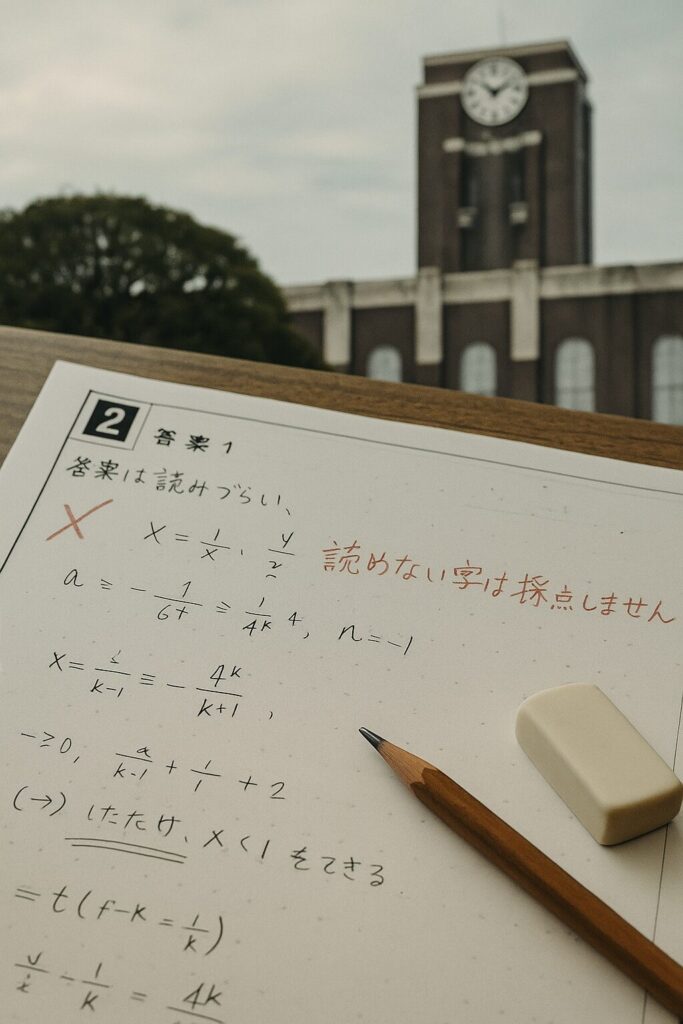 京大の時計台を背景にした机上の模試答案と赤ペンの添削コメント、鉛筆と消しゴムが置かれている様子