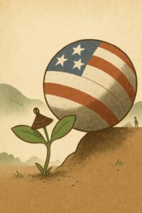 アメリカ国旗の模様が入った大きな岩を、小さな植物が支えているイラスト