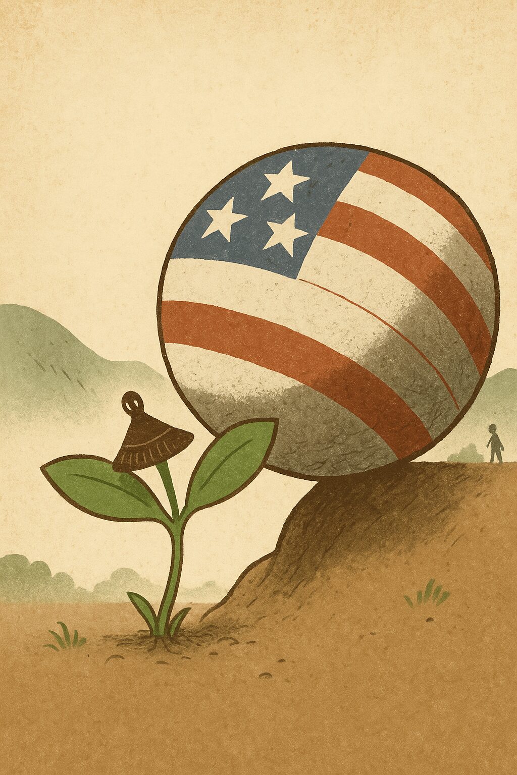 アメリカ国旗の模様が入った大きな岩を、小さな植物が支えているイラスト