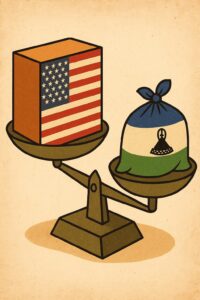 天秤の上でアメリカの箱とレソトの布包みが不均衡に乗せられているイラスト