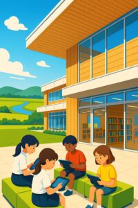 現代的な木造校舎の前で、タブレットを使って学習する4人の小学生のイラスト