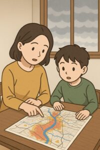 曇り空の下、自宅のテーブルで防災マップを見ながら避難経路を確認する親子
