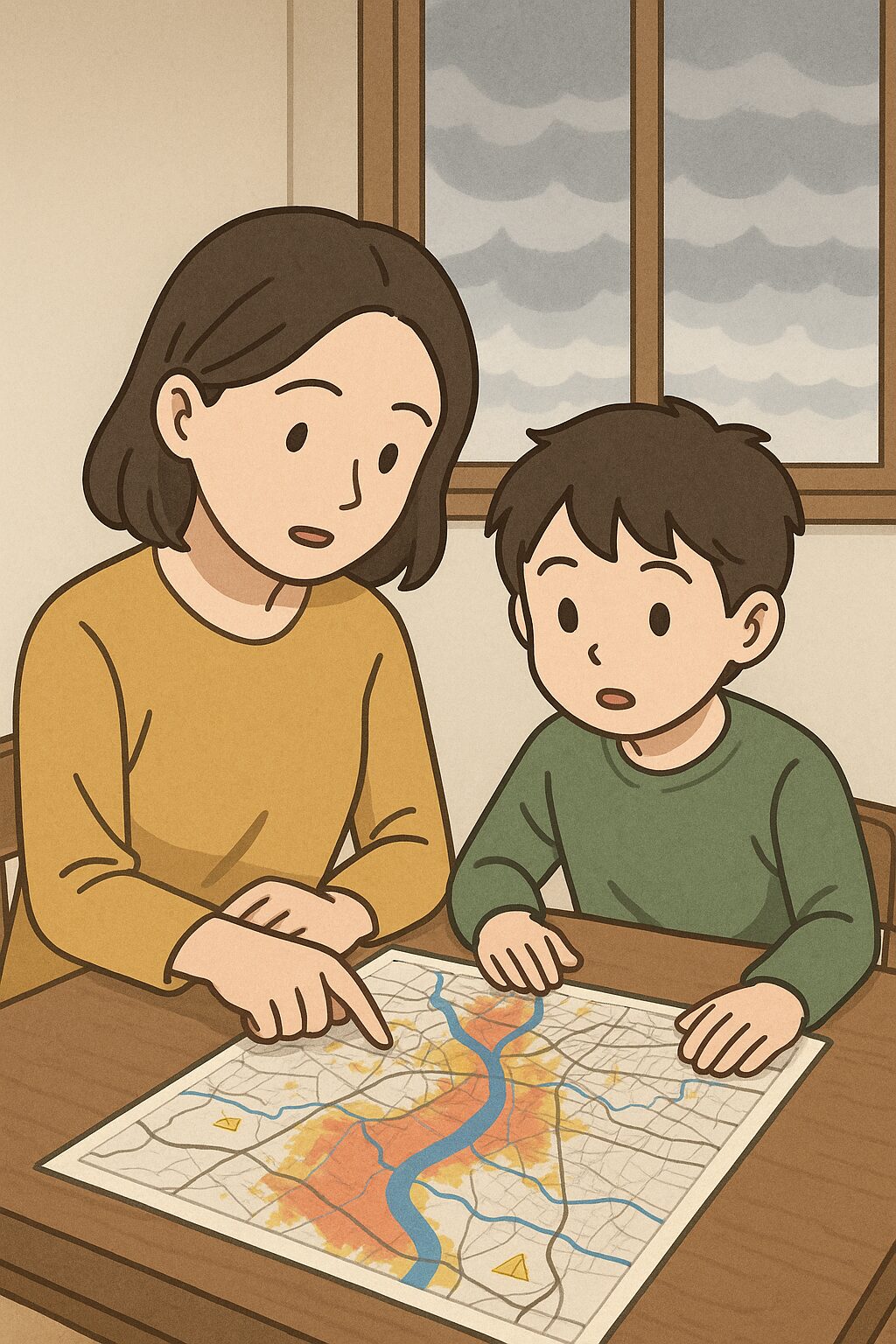 曇り空の下、自宅のテーブルで防災マップを見ながら避難経路を確認する親子