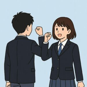青いネクタイの制服を着た男女の高校生が、背中を向けてガッツポーズしているイラスト