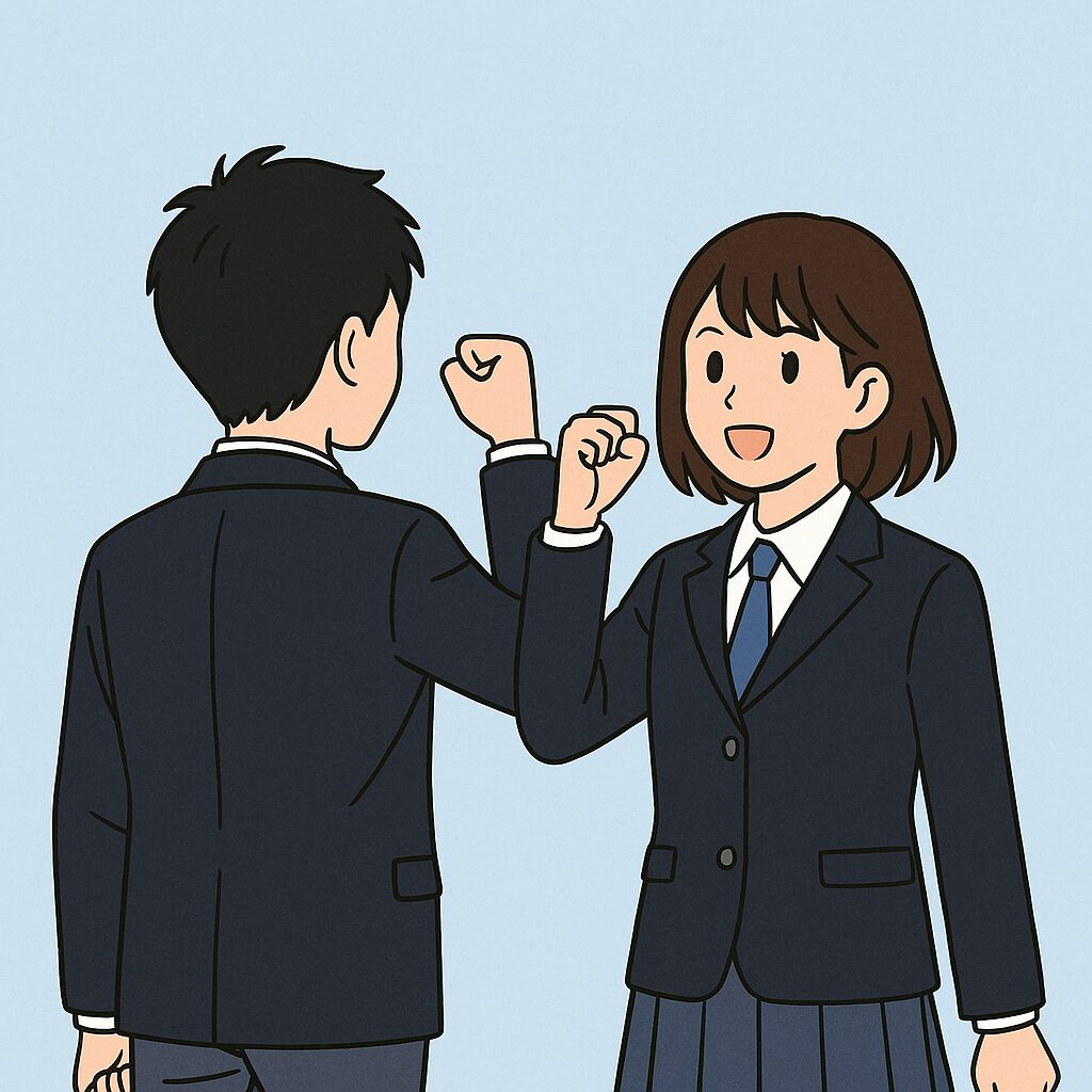 青いネクタイの制服を着た男女の高校生が、背中を向けてガッツポーズしているイラスト