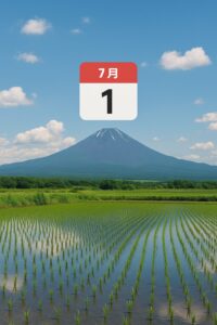 7月1日の田んぼと富士山、半夏生の季節を感じる日本の風景