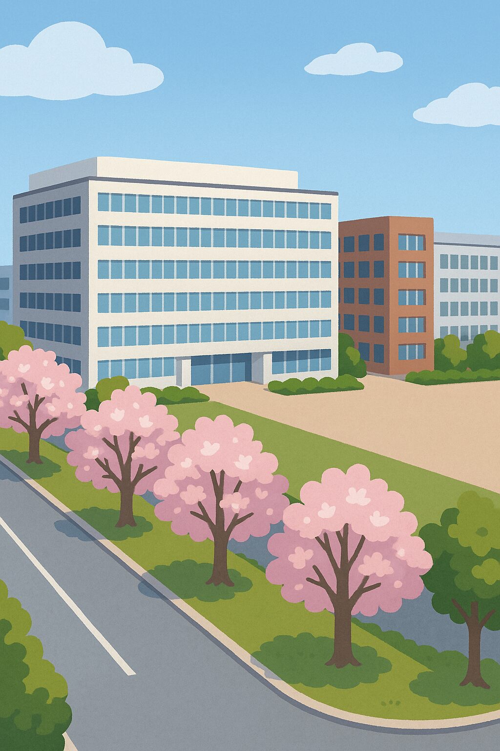 名古屋市立大学田辺通キャンパスの春の風景を描いたイラスト。桜並木と現代的な大学校舎が描かれている。