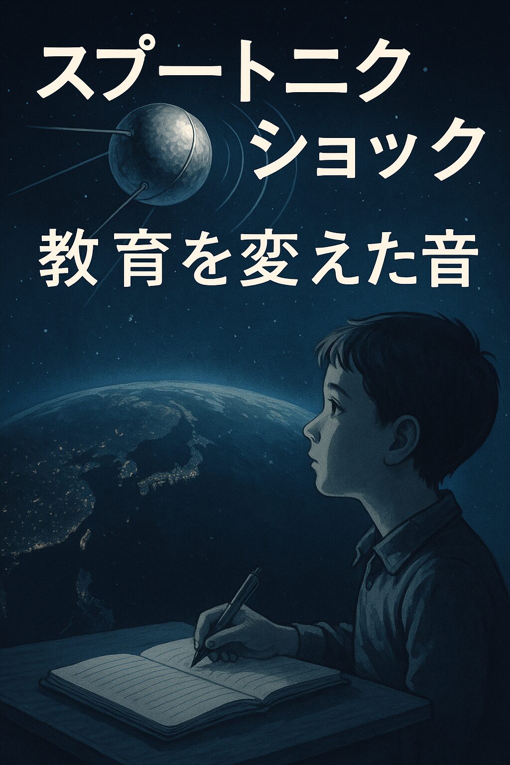 スプートニク衛星を見上げる少年と「スプートニク・ショック 教育を変えた音」という文字