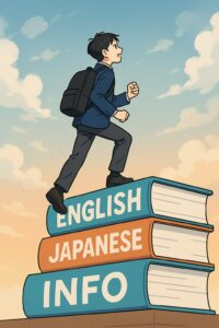 3冊の参考書「ENGLISH」「JAPANESE」「INFO」でできた階段を登る高校生のイラスト