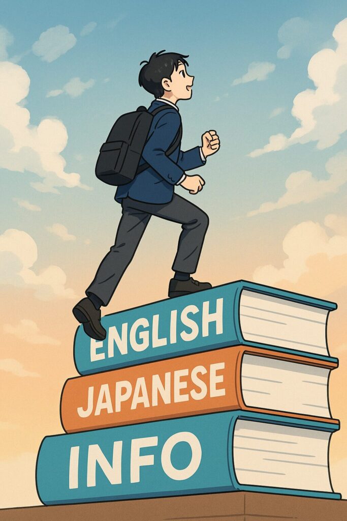 3冊の参考書「ENGLISH」「JAPANESE」「INFO」でできた階段を登る高校生のイラスト