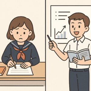 評価方法の変化に戸惑う女子生徒と、プレゼンで評価される男子生徒の対比イラスト