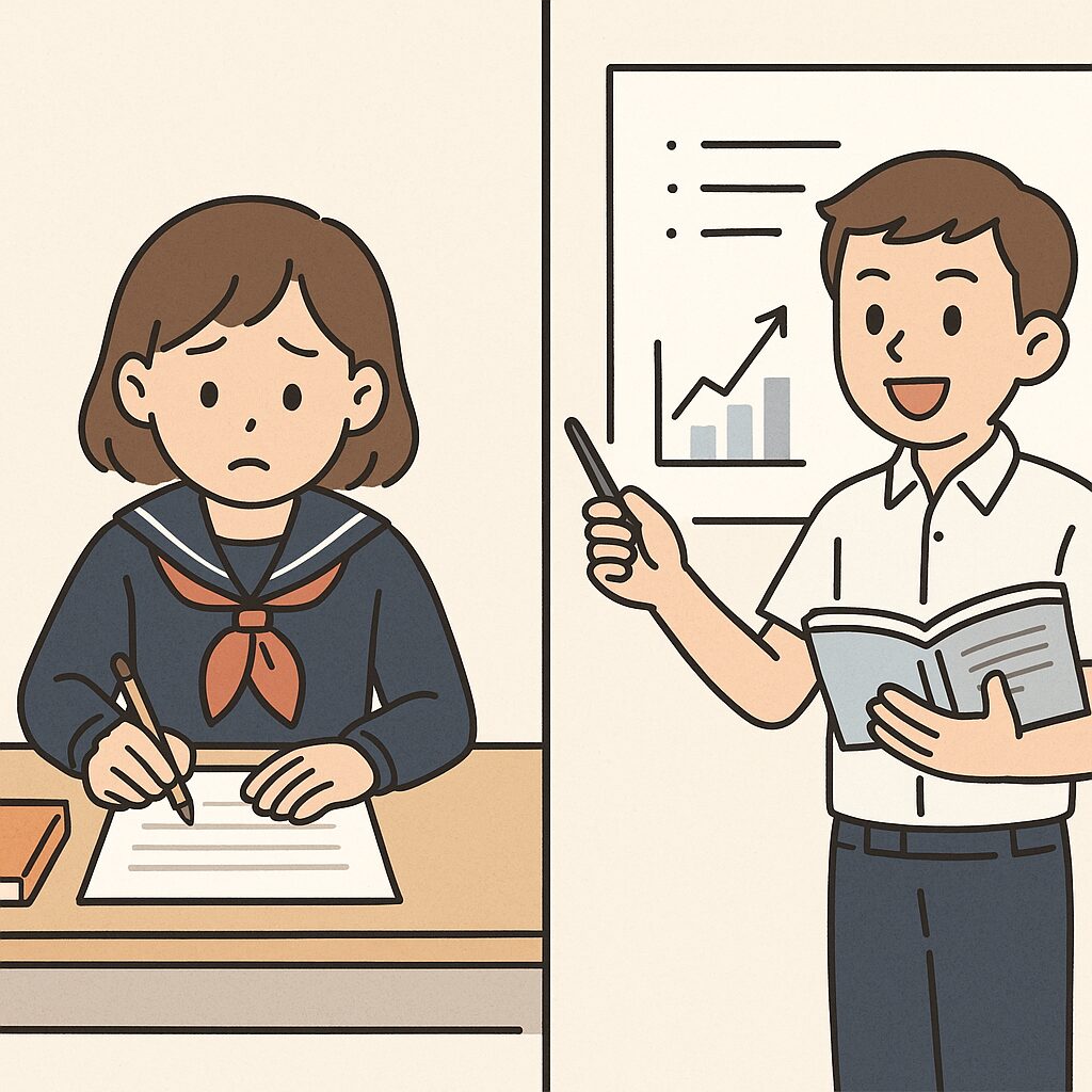 評価方法の変化に戸惑う女子生徒と、プレゼンで評価される男子生徒の対比イラスト