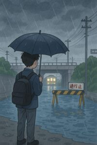 雨の中、傘を差して冠水したアンダーパスを見つめる男子高校生のイラスト（桑名市）