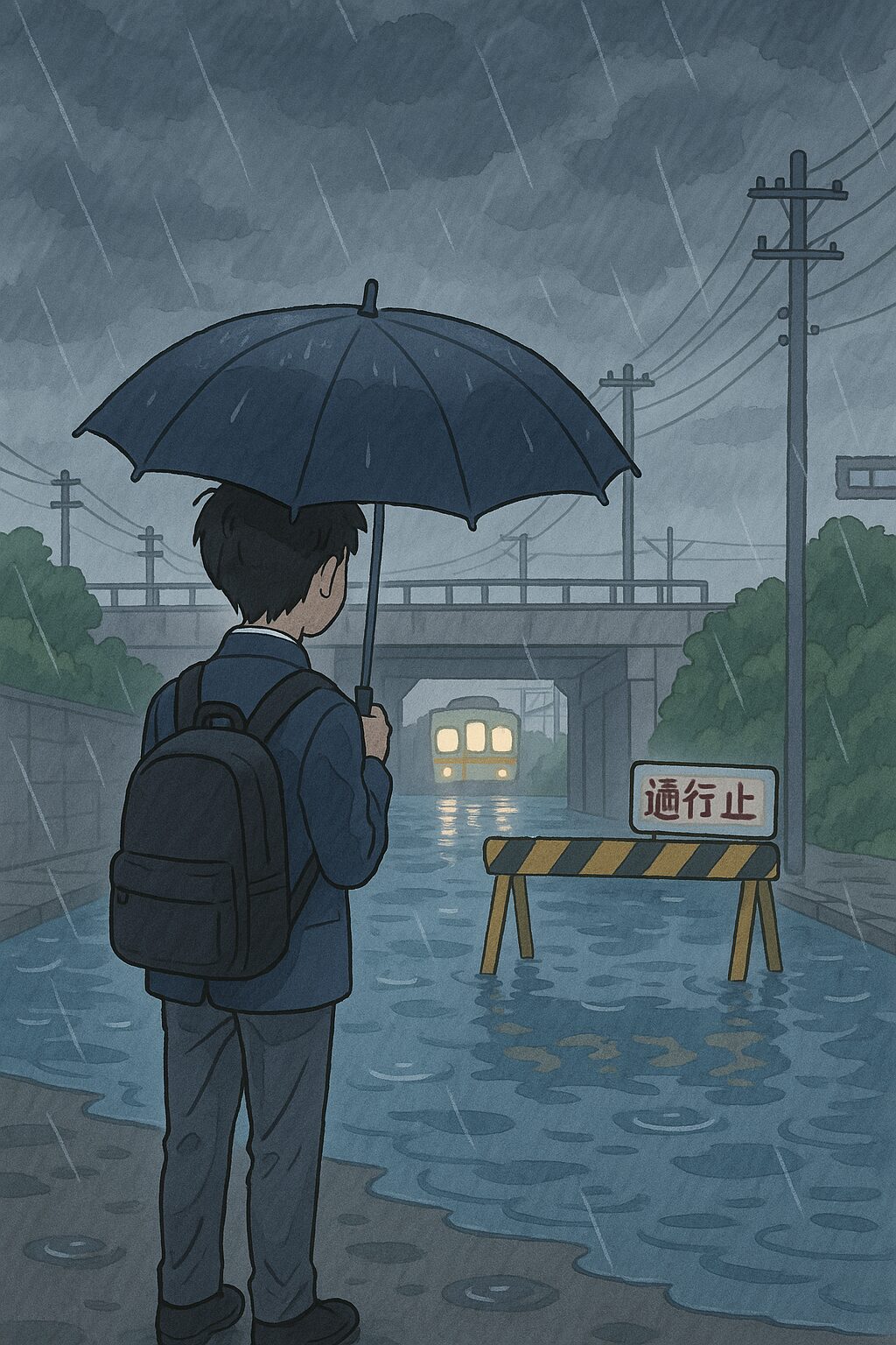 雨の中、傘を差して冠水したアンダーパスを見つめる男子高校生のイラスト（桑名市）
