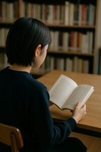 図書室で本を読む学生の後ろ姿