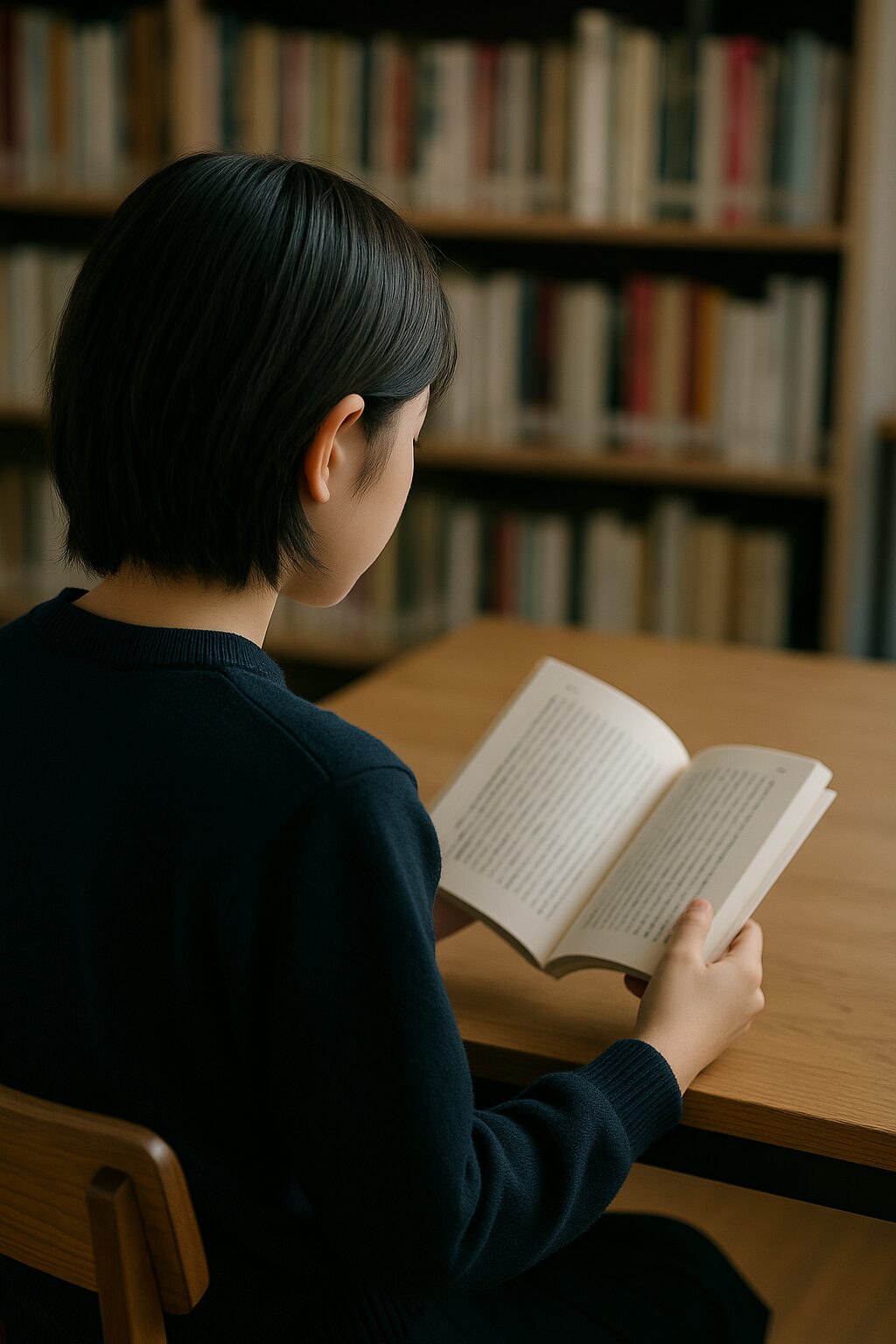 図書室で本を読む学生の後ろ姿