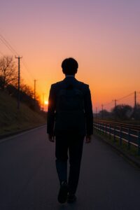 春の夜明けに向かって一本道を歩く受験生の後ろ姿
