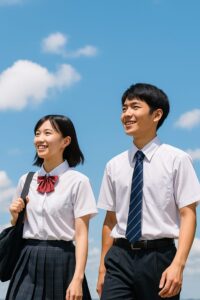 夏の青空の下、制服姿の高校生男女が前を見つめながら歩いている様子