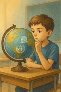 地球儀を見つめながら思索にふける少年のイラスト