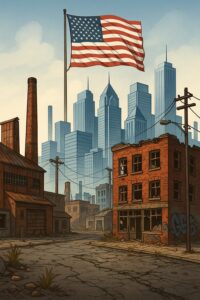 荒廃したアメリカの街並みと、その背後にそびえる現代的な高層ビル群を描いた対比的なイラスト